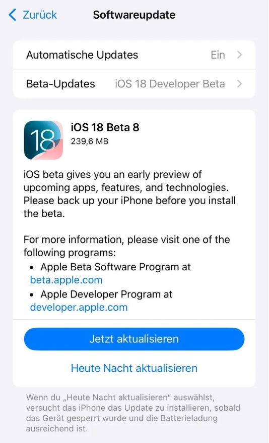 柯桥苹果手机维修分享苹果 iOS / iPadOS 18 开发者预览版 Beta 8 发布 